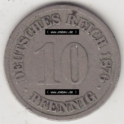 Münzen Deutschland 1871-1918 Kaiserreich 1873-1889, 10 Pfennig A, 1876. Vorderseite einer Münze aus dem deutschen Kaiserreich in Europa als Digitales Bild / Bildmaterial... Sammlung