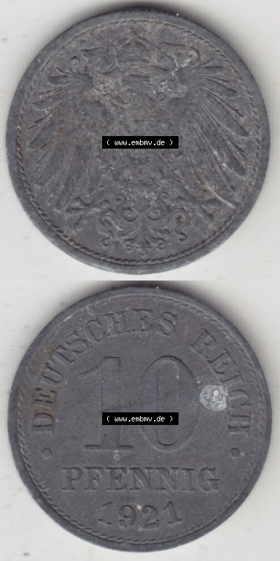 Münzen Deutschland 1918-1932 Weimarer Republik 1917-1922, 10 Pfennig Reichsadler, Keine Prägestätte 1921 I. (4) Sammlung
