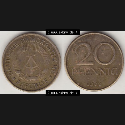 Münzen Deutschland DDR 1969-1990, 20 Pfennig 1969-5, DDR-Telefonmünze. Vorderseite und Rückseite Nebeneinander einer 20 Pfennig Münze / Umlaufmünze in der... Sammlung