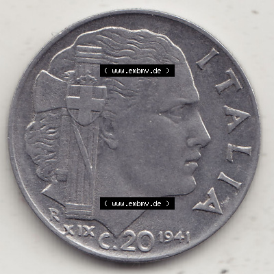 Münzen Italien / Italia Eurovorläufer, Umlaufmünze vor Euroeinführung 1939-1943, 20 C. Centesimi, Cent 1941 (Stück 1). Rückseite... Sammlung