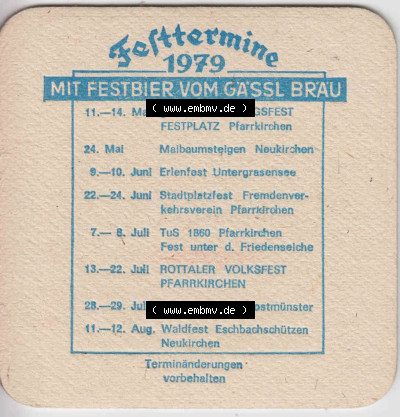 Bierdeckel 1979 Gässl-Bräu Pfarrkirchen im Rottal Fest Termine (2) Sammlung