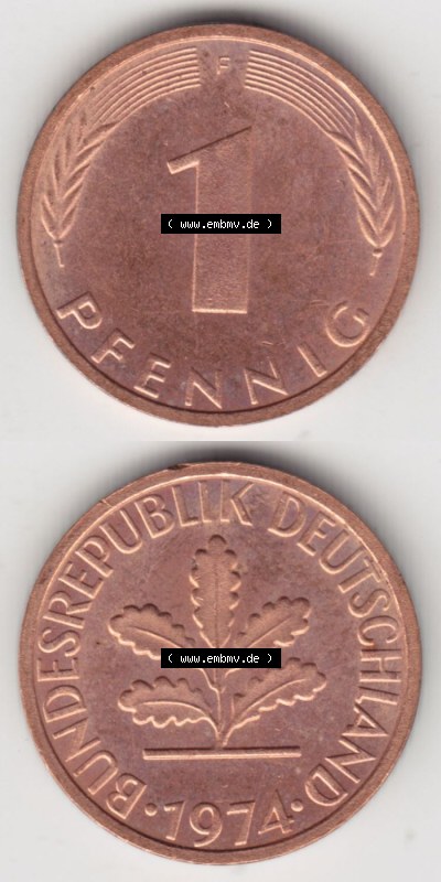 Münzen Deutschland 1 Pfennig-Deutsche Mark 1950-2001, 1 Pfennig 1974 F. Rückseite und Vorderseite in vertikaler Ansicht für... Sammlung