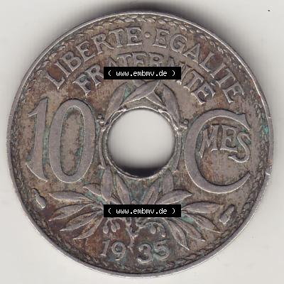 Münzen Frankreich Eurovorläufer, Umlaufmünze vor Euroeinführung 1917-1938, 10 Centimes - Cmes 1935-4. Rückseite einer Münze aus Europa als Digitales Bild... Sammlung