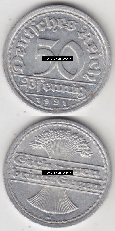 Münzen Deutschland 1918-1932 Weimarer Republik 1919-1922, 50 Pfennig J (4) Sammlung