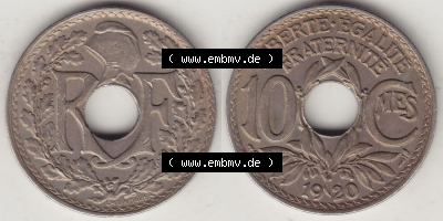 Rückseite und Vorderseite horizontal nebeneinander zusammengefügt, als Bildmaterial einer 10 Cmes / Centimes / Cent Münze aus... Sammlung