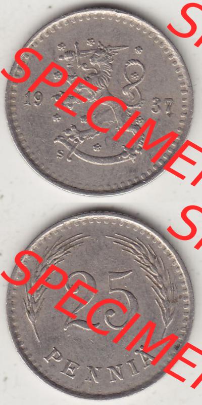 Alte Münzen Finnland, inoffizieller privater Kursmünzensatz / KMS - Zusammenstellung, mit Münze 1921-1940, 25 Penny, Penniä 1937. Rückseite und... Sammlung