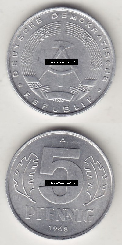 Münzen Deutschland DDR 1968-1990, A 5 Pfennig 1968 (Stück 6). Vorderseite und Rückseite einer Münze in Vertikaler Ausrichtung... Sammlung