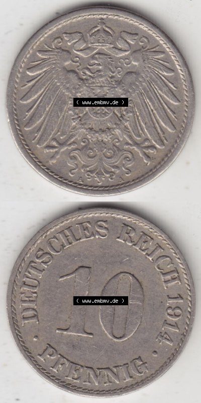 Münzen Deutschland 1871-1918 Kaiserreich 1890-1916, 10 Pfennig A, 1914 (4) Sammlung