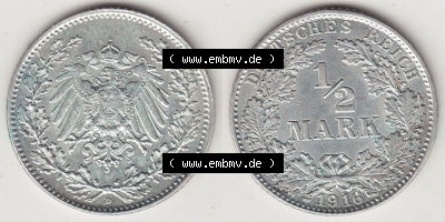 Münzen Deutschland 1871-1918 Kaiserreich Silbermünze 1905-1919, 1/2 Mark D 1916. Vorderseite und Rückseite Nebeneinander einer... Sammlung