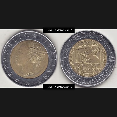 Münzen Italien / Italia Eurovorläufer, Gedenkmünze vor Euroeinführung 1997-1997, 500 Lire, 50 Jahre Staatspolizei (1947-1997), POLIZIA DI STATO... Sammlung