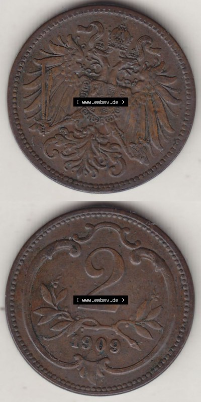 Münzen Österreich / Austria Eurovorläufer, Umlaufmünze vor Euroeinführung 1892-1915, 2 Heller 1909 (4) Sammlung