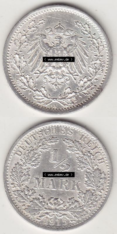 Münzen Deutschland 1871-1918 Kaiserreich Silbermünze 1905-1919, 1/2 Mark A 1915 (Stück 2). Vorderseite und Rückseite Vertikal... Sammlung
