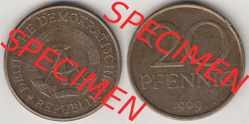 Münzen Deutschland DDR 1969-1990, 20 Pfennig 1969-7, DDR-Telefonmünze. Vorderseite und Rückseite Nebeneinander einer 20 Pfennig Münze / Umlaufmünze in der... Sammlung
