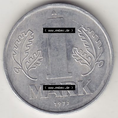 Münzen Deutschland DDR 1972-1990, A 1 Mark 1977-2. Rückseite einer 1 Mark Münze / Umlaufmünze aus Deutschland der ehemaligen DDR in Europa als Digitales Bild /... Sammlung