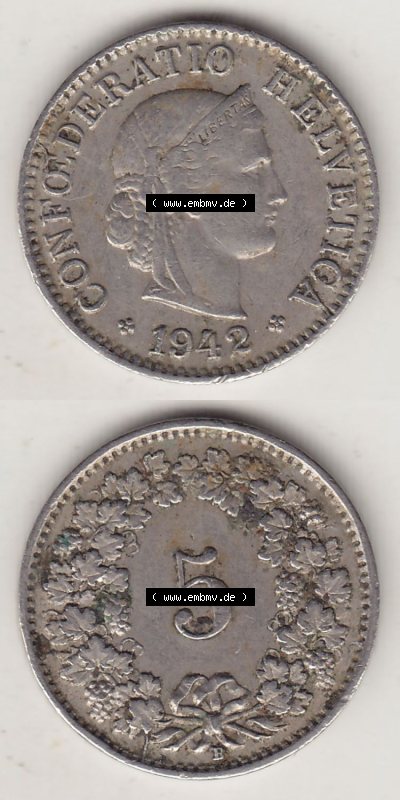 Münzen Schweiz Eurovorläufer, Umlaufmünze 1879-1980, 5 Rappen 1942 Helvetica (4) Sammlung