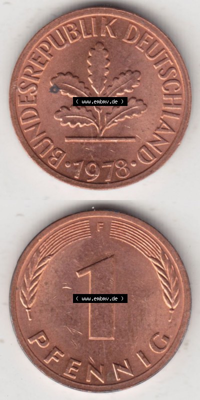 Münzen Deutschland 1 Pfennig-Deutsche Mark 1950-2001, 1 Pfennig 1978 F. Vorderseite und Rückseite in vertikaler Ansicht, einer... Sammlung