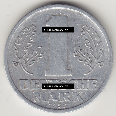 Münzen Deutschland DDR 1956-1963, A 1 Deutsche Mark 1956 (Stück 1). Rückseite einer 1 Mark Münze / Umlaufmünze aus Deutschland... Sammlung