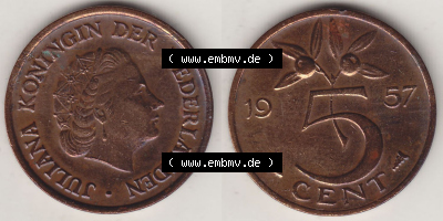 Münzen Niederlande / Netherlands Eurovorläufer, Umlaufmünze vor Euroeinführung 1950-1980, 5 Cent 1957, Königin Juliana (3) Sammlung