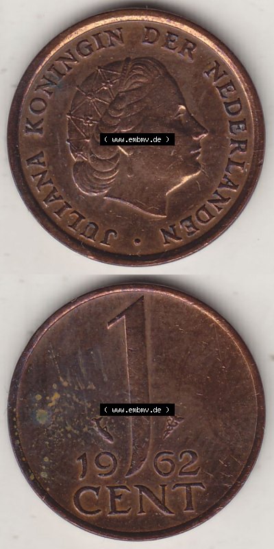 Münzen Niederlande / Netherlands Eurovorläufer, Umlaufmünze vor Euroeinführung 1950-1980, 1 Cent 1962 Königin Juliana, alte... Sammlung