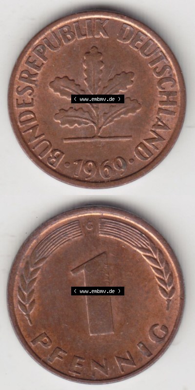 Münzen Deutschland 1 Pfennig-Deutsche Mark 1950-2001, 1 Pfennig 1969 G. Vorderseite und Rückseite in vertikaler Ansicht, einer... Sammlung