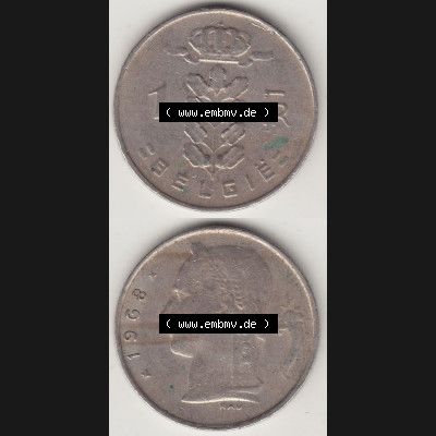 Münzen Belgien Eurovorläufer, Umlaufmünze vor Euroeinführung 1950-1988, 1 FR-Franken 1968 België. Vorderseite und Rückseite Vertikal Untereinander,... Sammlung