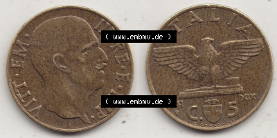Münzen Italien / Italia Eurovorläufer, Umlaufmünze vor Euroeinführung 1939-1943, 5 Centesimi, Cent, Viktor Emanuel III. C.5... Sammlung