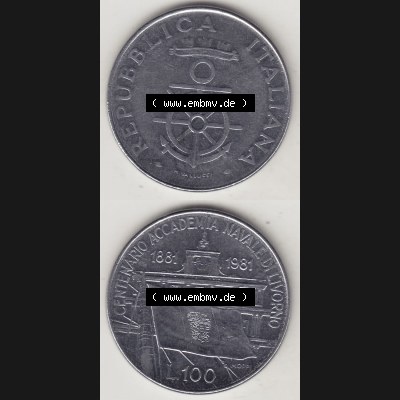 Münzen Italien / Italia Eurovorläufer, Gedenkmünze vor Euroeinführung 1981-1981, 100 Lire, 100. Jahrestag der Gründung der Marineakademie in Livorno... Sammlung