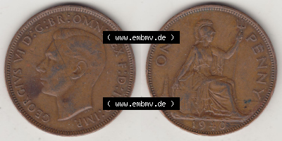 Münzen Großbritannien Eurovorläufer, Umlaufmünze vor Euroeinführung 1937-1948. 1 One Penny 1940 (Stück 1), George VI, GEORGIVS... Sammlung