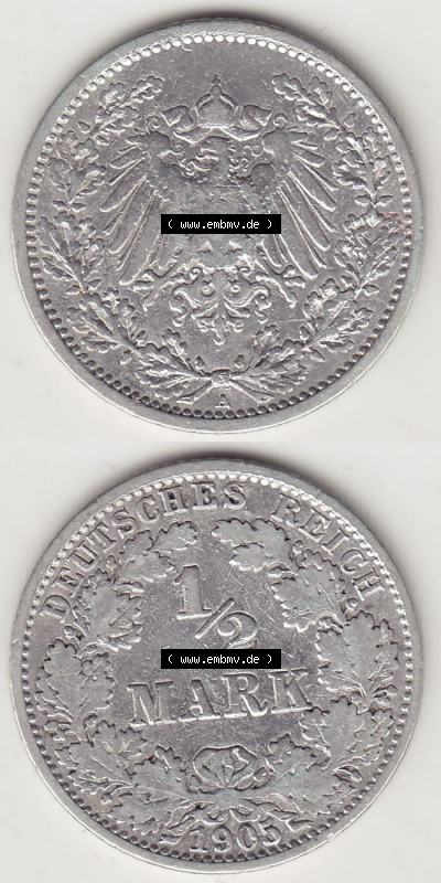 Münzen Deutschland 1871-1918 Kaiserreich Silbermünze 1905-1919, 1/2 Mark A 1905. Vorderseite und Rückseite Vertikal Untereinander,... Sammlung