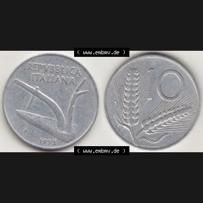 Münzen Italien / Italia Eurovorläufer, Umlaufmünze vor Euroeinführung 1951-2001, 10 Lire 1953-1. Vorderseite und Rückseite Nebeneinander einer Münze... Sammlung