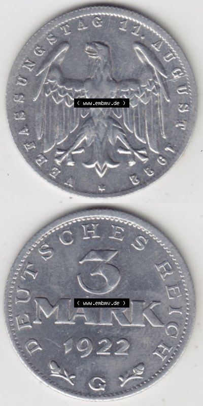 Münzen Deutschland 1918-1932 Weimarer Republik 1922-1923, 3 Mark G Verfassungstag 11. August 1922 (4) Sammlung