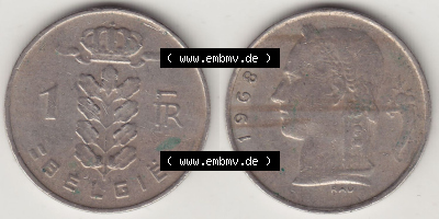 Münzen Belgien Eurovorläufer, Umlaufmünze vor Euroeinführung 1950-1988, 1 FR-Franken 1968 België. Vorderseite und Rückseite... Sammlung
