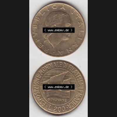 Münzen Italien / Italia Eurovorläufer, Gedenkmünze vor Euroeinführung 1992-1992, 200 Lire Briefmarkenausstellung in Genua. Rückseite und Vorderseite vertikal... Sammlung