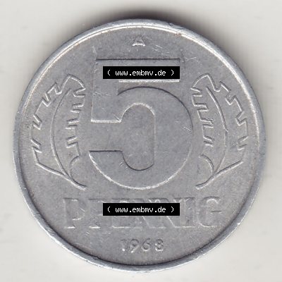 Münzen Deutschland DDR 1968-1990, A 5 Pfennig 1968-4. Rückseite einer Münze aus der ehemaligen DDR in Europa als Digitales Bild / Bildmaterial zum Herunterladen für... Sammlung