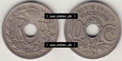 Rückseite und Vorderseite horizontal nebeneinander zusammengefügt, als Bildmaterial einer 10 Cmes / Centimes / Cent Münze aus... Sammlung