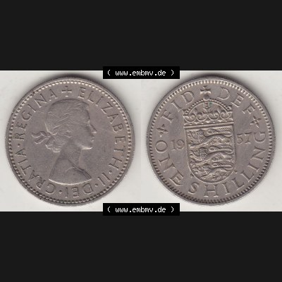 Münzen Großbritannien Eurovorläufer, Umlaufmünze vor Euroeinführung 1954-1970, 1 Schilling - Shilling, 1957-2 Wappen mit drei Löwen. Vorderseite... Sammlung