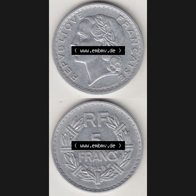 Alte Münzen Frankreich, Kursmünzensatz Zeitraum 1917-1952, der Münze 1945-1952, 5 Franken, Francs 1949-1. Rückseite und Vorderseite vertikal untereinander... Sammlung