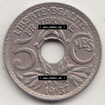 Alte Münzen Frankreich, Kursmünzensatz Zeitraum 1917-1952, der Münze 1920-1938, 5 Cmes, Centimes 1937-1. Rückseite einer Münze aus Frankreich in... Sammlung