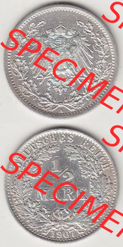 Münzen Deutschland 1871-1918 Kaiserreich Silbermünze 1905-1919, 1/2 Mark A 1907. Vorderseite und Rückseite Vertikal Untereinander, passend für Mobile-Geräte,... Sammlung