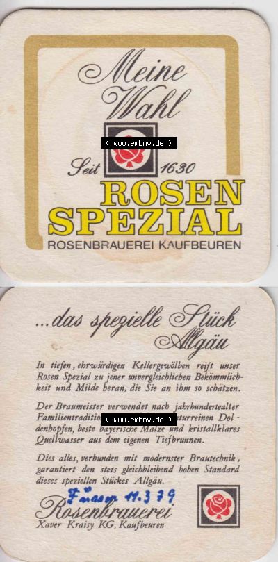 Bierdeckel 1979, Rosen Spezial, Rosenbrauerei Kaufbeuren (3) Sammlung