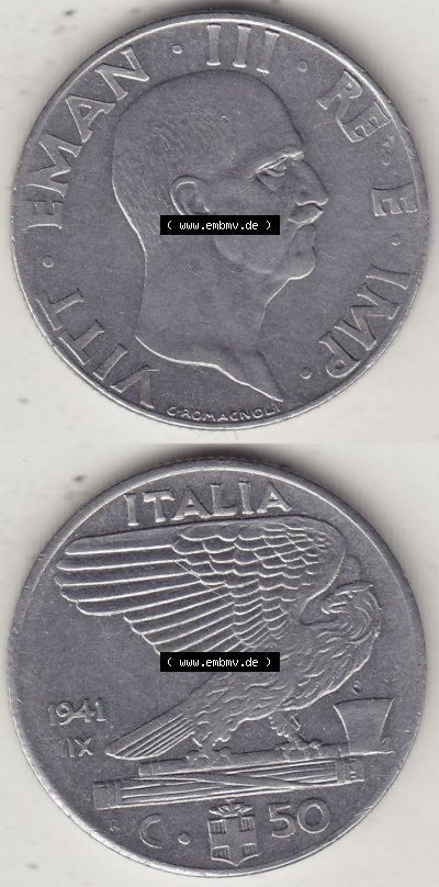 Münzen Italien / Italia Eurovorläufer, Umlaufmünze vor Euroeinführung 1939-1943, 50 Centesimi, Cent, Viktor Emanuael III.,... Sammlung