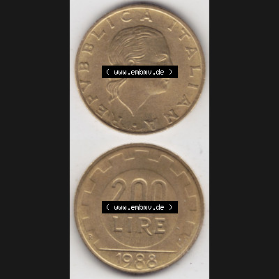 Münzen Italien / Italia Eurovorläufer, Gedenkmünze vor Euroeinführung 1977-2001, 200 Lire, Zahnrad 1988-1. Rückseite und Vorderseite vertikal untereinander... Sammlung