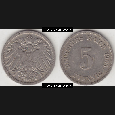 Münzen Deutschland 1871-1918 Kaiserreich 1890-1915, 5 Pfennig J, 1906 (3) Sammlung