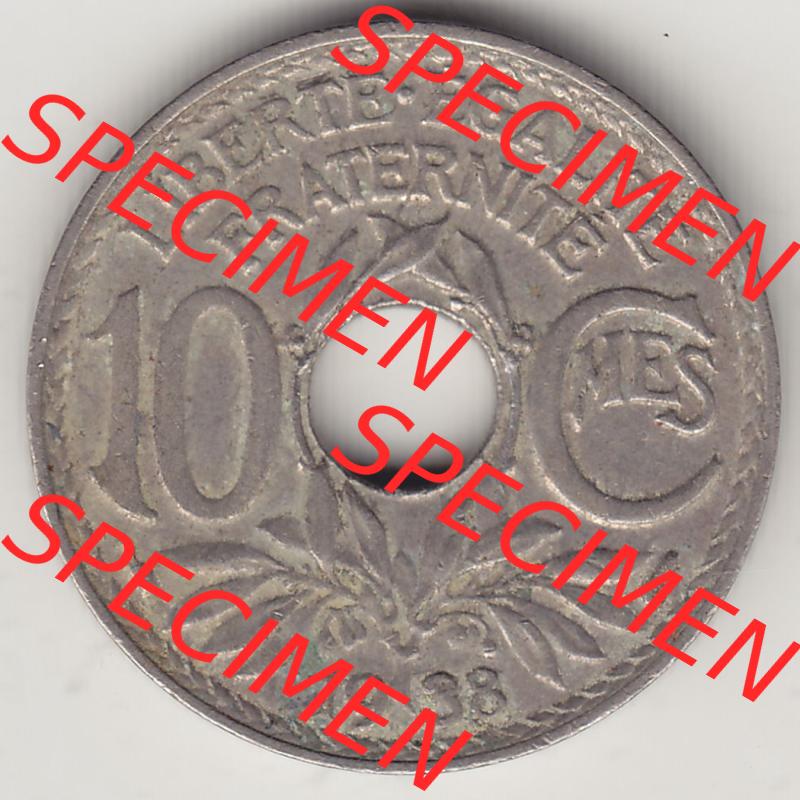 Münzen Frankreich Eurovorläufer, Umlaufmünze vor Euroeinführung 1917-1938, 10 Centimes - Cmes 1938-2. Rückseite einer Münze aus Europa als Digitales Bild... Sammlung