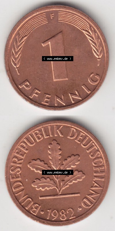 Münzen Deutschland 1 Pfennig-Deutsche Mark 1950-2001, 1 Pfennig 1982 F. Bildmaterial mit Rückseite und Vorderseite in vertikaler... Sammlung