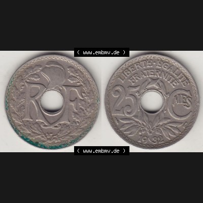 Münzen Frankreich Eurovorläufer, Umlaufmünze vor Euroeinführung 1917-1937, 25 Cmes, Centimes 1932-1 LIBERTE EGALITE FRATERNITE. Rückseite und Vorderseite... Sammlung