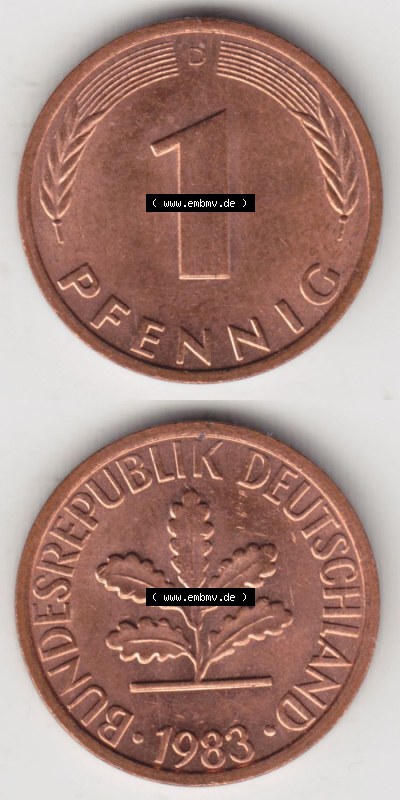 Münzen Deutschland 1 Pfennig-Deutsche Mark 1950-2001, 1 Pfennig 1983 D. Bildmaterial mit Rückseite und Vorderseite in vertikaler... Sammlung