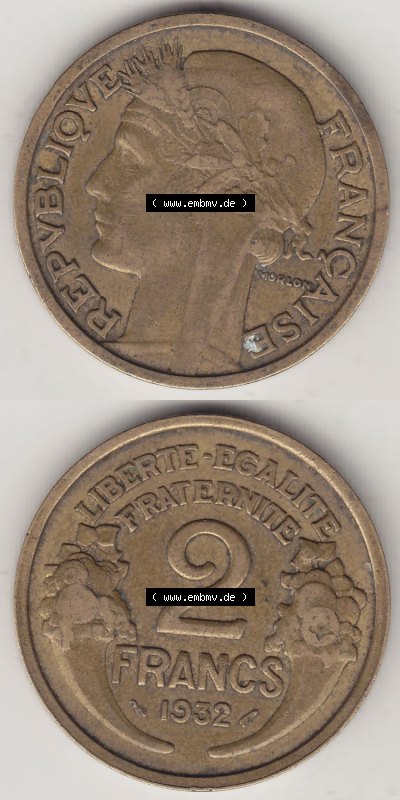 Münzen Frankreich Eurovorläufer, Umlaufmünze vor Euroeinführung 1931-1941, 2 Franken 1932 (Stück 2) LIBERTE EGALITE FRATERNITE.... Sammlung