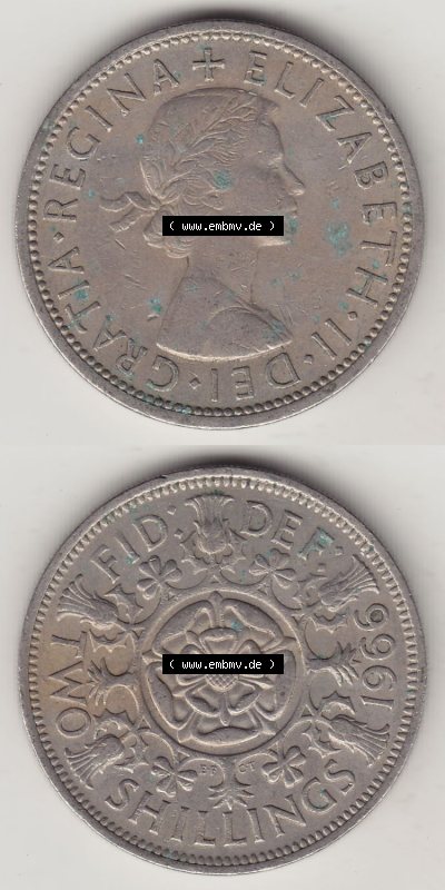Münzen Großbritannien Eurovorläufer, Umlaufmünze vor Euroeinführung 1954-1970, 2 Schilling - Shillings 1966 (Stück 2). Vorderseite... Sammlung