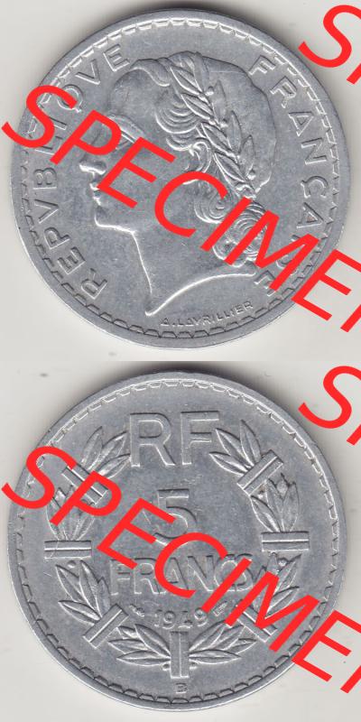 Alte Münzen Frankreich, Kursmünzensatz Zeitraum 1917-1952, der Münze 1945-1952, 5 Franken, Francs 1949-1. Rückseite und Vorderseite vertikal untereinander... Sammlung